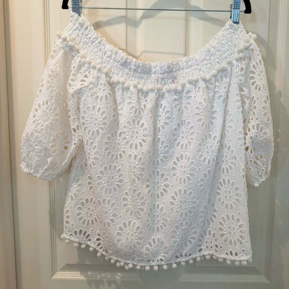 Your summer goto Lilly Pulitzer White Eyelet Off-Shoulder Tunic with PomPom Trim - Picture 6 of 10